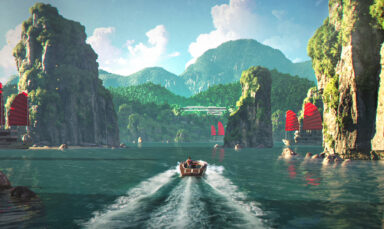 James Bond operates a speed boat in an idyllic setting on a sunny day