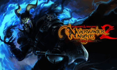 Neverwinter Nights 2 key art with its logo and a demonic shadowy character with blue flames burning behind