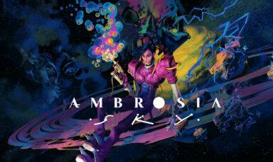 Ambrosia Sky key art with its protagonist blowing rainbow coloured bubbles from their gun