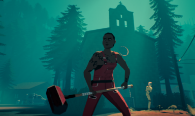 A person wielding a sledgehammer in a misty forest with a church in the background.