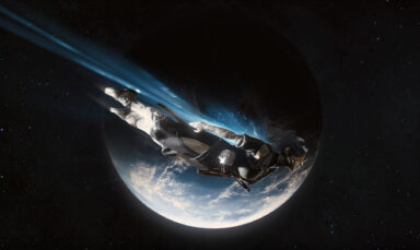 A cyborg woman soars through space as the Earth is visible behind her