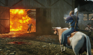 a man riding a cow