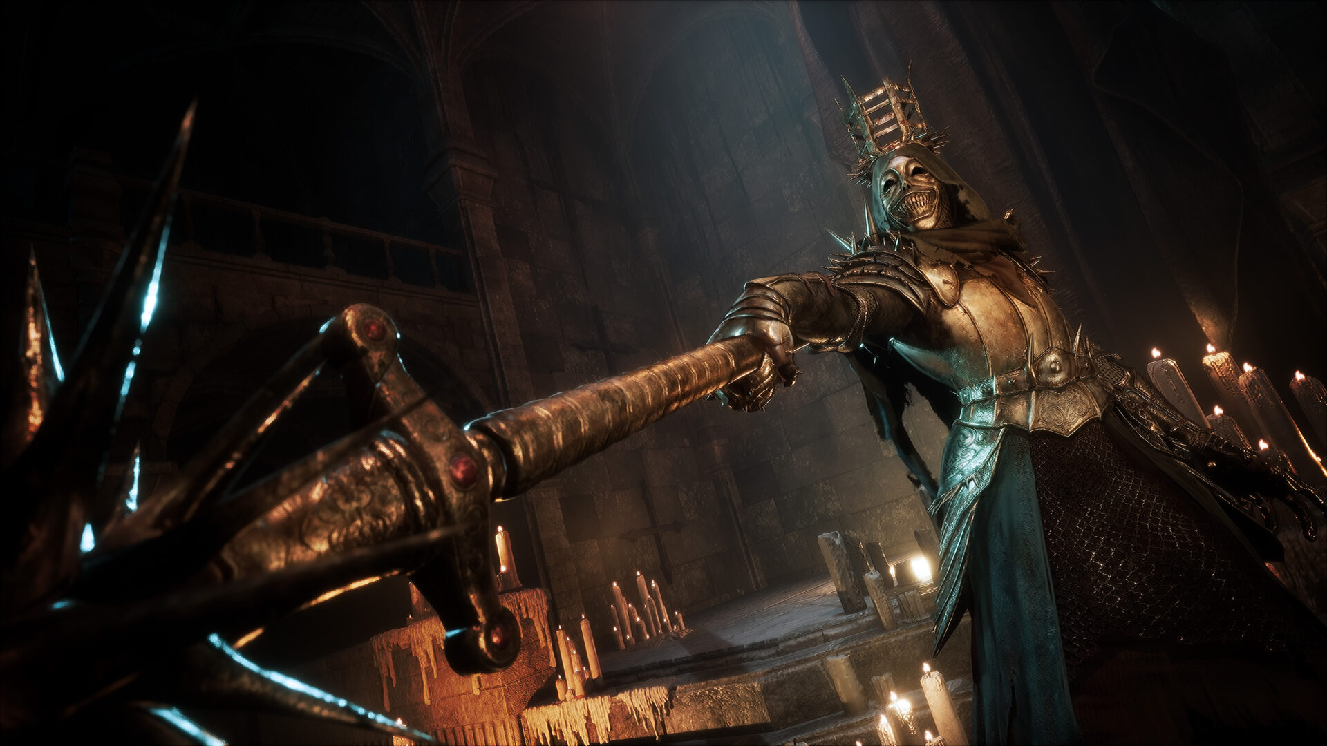 a person in armor and a strange helmet wielding a mace